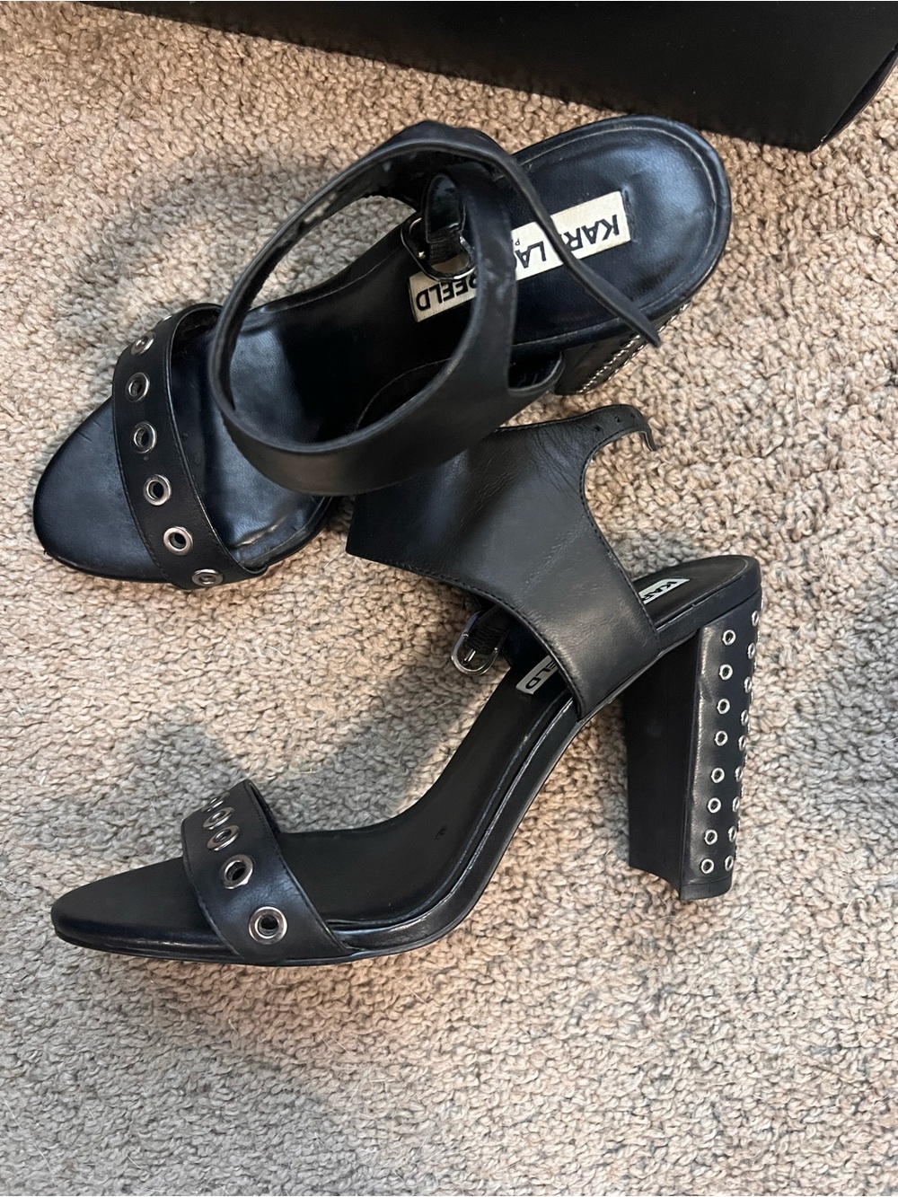 Karl Lagerfeld Black Leather Grommet Block Heel Sandals